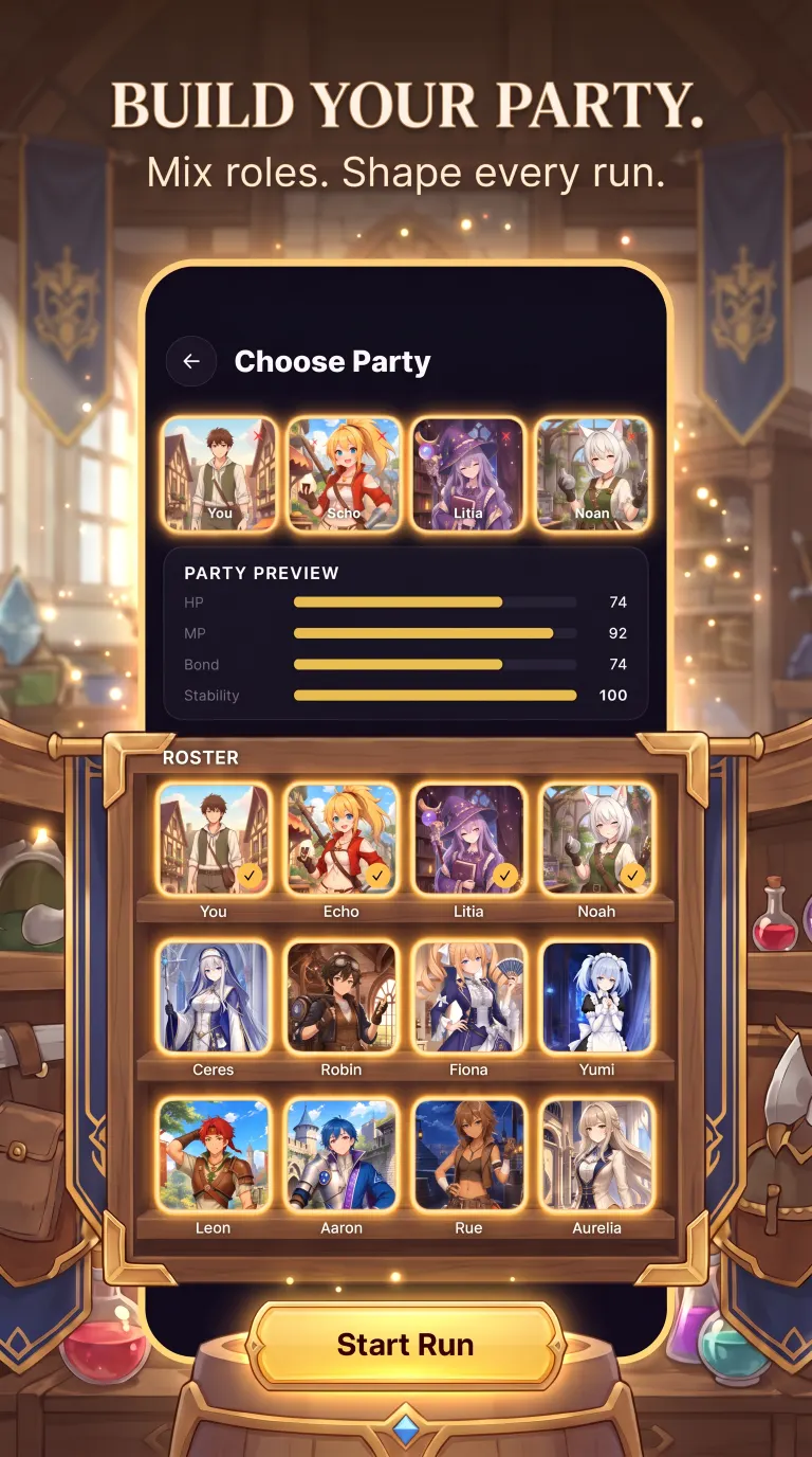 AITANIA party-building promotion showing companion roles