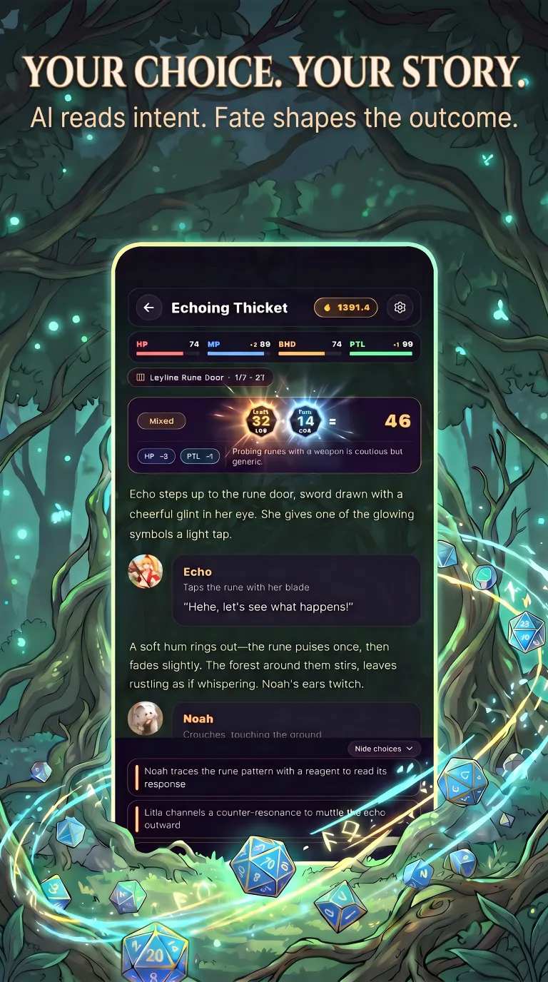 AITANIA adventure promotion showing suggested actions, intent, logic, and fate
