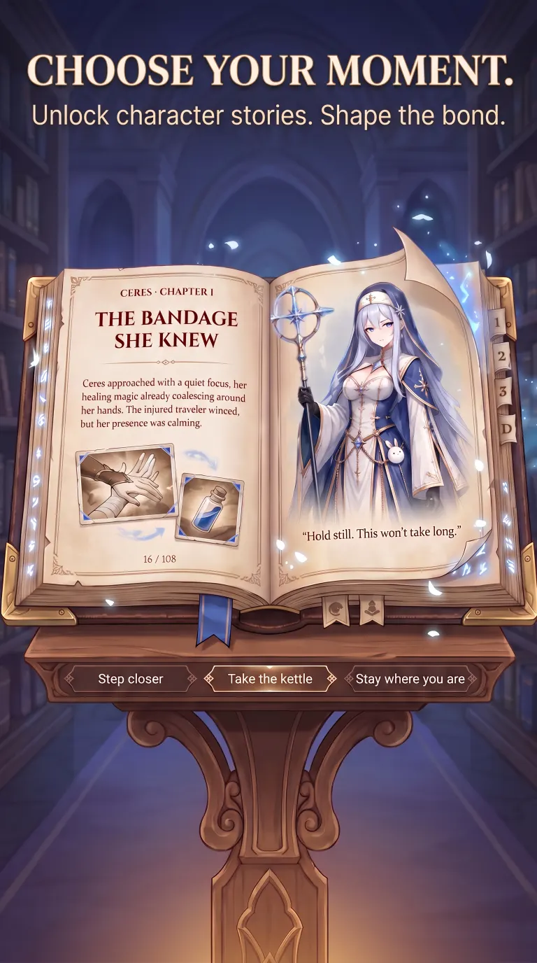 Ceres character story promotion presented as a magic book